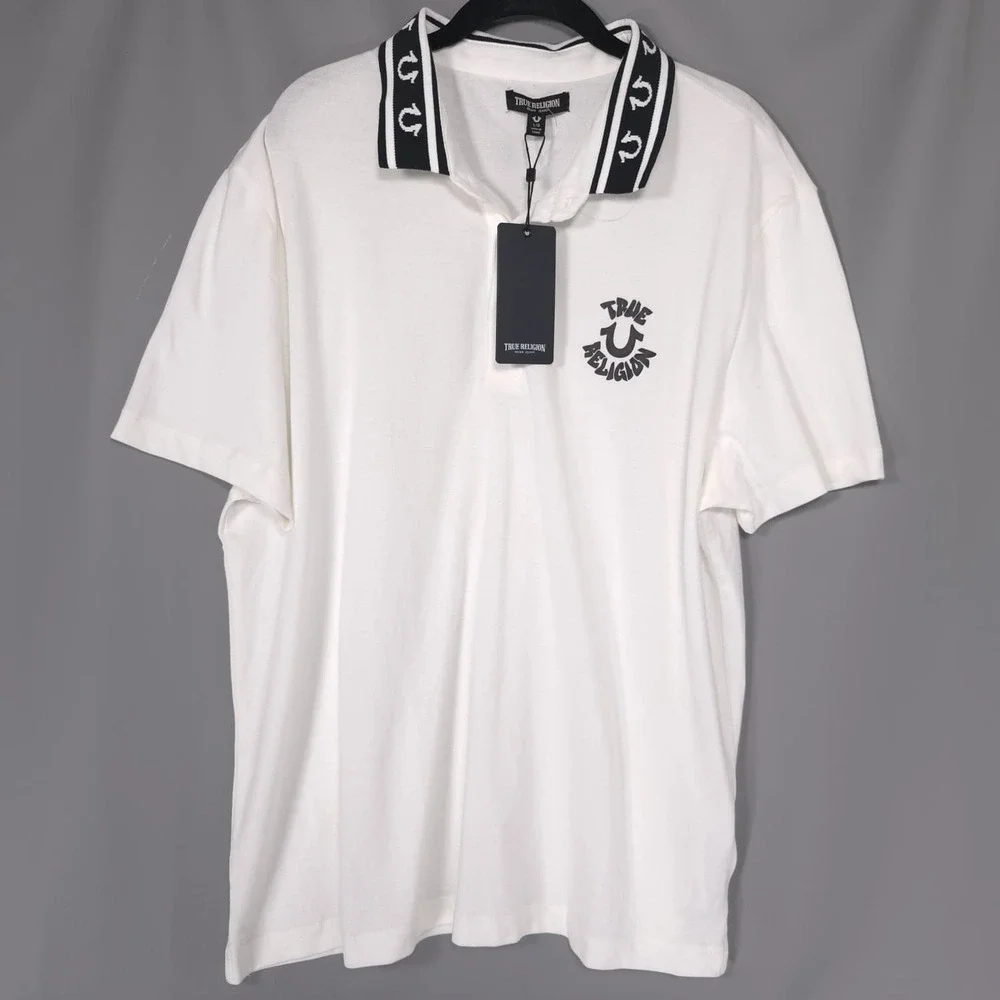 TRUE RELIGION Mens New Polo Shirt LARGE White Logo Graphic 701065 PIQUE POLO